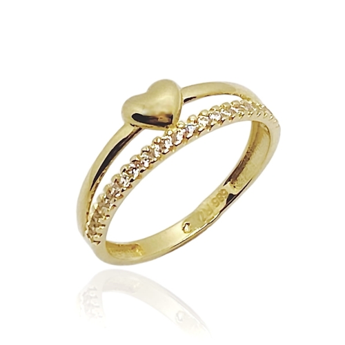 Złoty pierścionek ozdobiony białymi cyrkoniami z serduszkiem, próba 585. Rozmiar pierścionka 16.