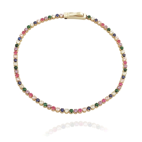 Złota bransoletka tenisowa, ozdobiona kolorowymi cyrkoniami, wykonana ze złota próby 585.