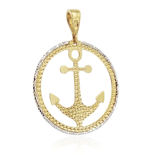 Złota zawieszka kotwica, próba złota 585. Zawieszka jest częściowo rodowana.