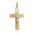 Złoty krzyżyk męski z wizerunkiem Jezusa. Próba złota 585, krzyżyk jest częściowo rodowany.