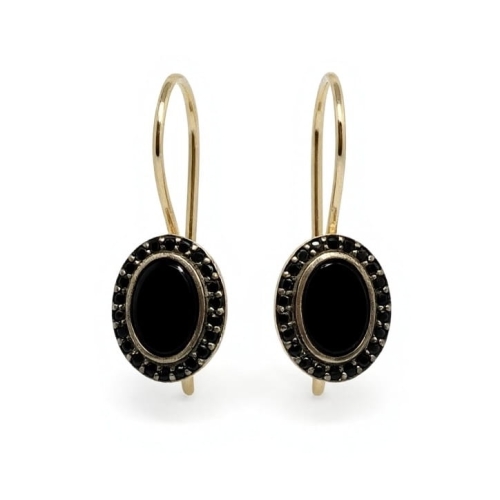 Złote kolczyki z onyksem i cyrkoniami, próba 585.