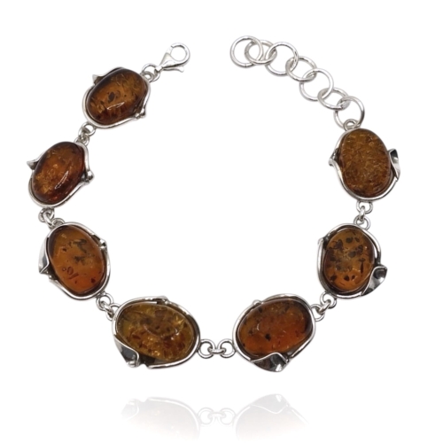 Srebrna bransoletka z bursztynem naturalnym, regulowana długość próba 585.