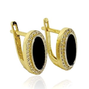 Złote kolczyki z onyksem i cyrkoniami 585