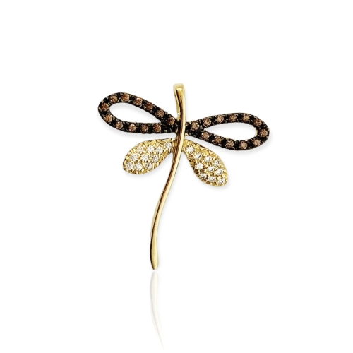 Złota zawieszka w kształcie ważki próby 585 ozdobiona cyrkoniami.