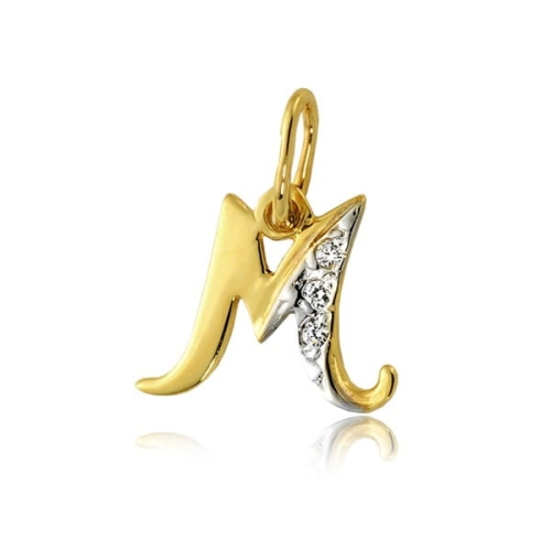 Złota literka M z cyrkoniami, próba 585.