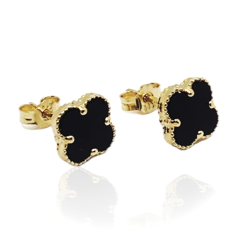 Złote kolczyki z onyksem, koniczynki, próba 585.