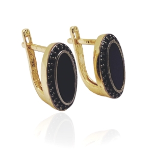 Złote kolczyki z onyksem i cyrkoniami 585