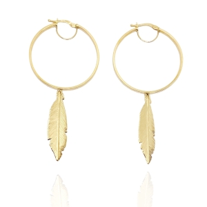 Złote kolczyki koła z piórkami 585