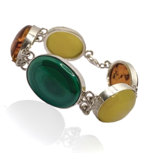 Srebrna bransoletka z bursztynem i malachitem