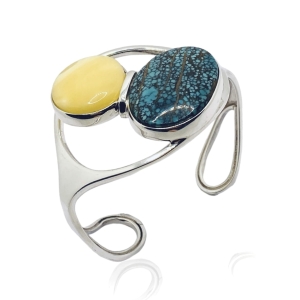 Srebrna bransoletka z bursztynem naturalnym i turkusem 